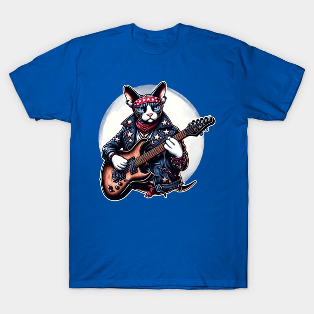 Devon Rex Cat Playing Guitar T-Shirt by Graceful Designs